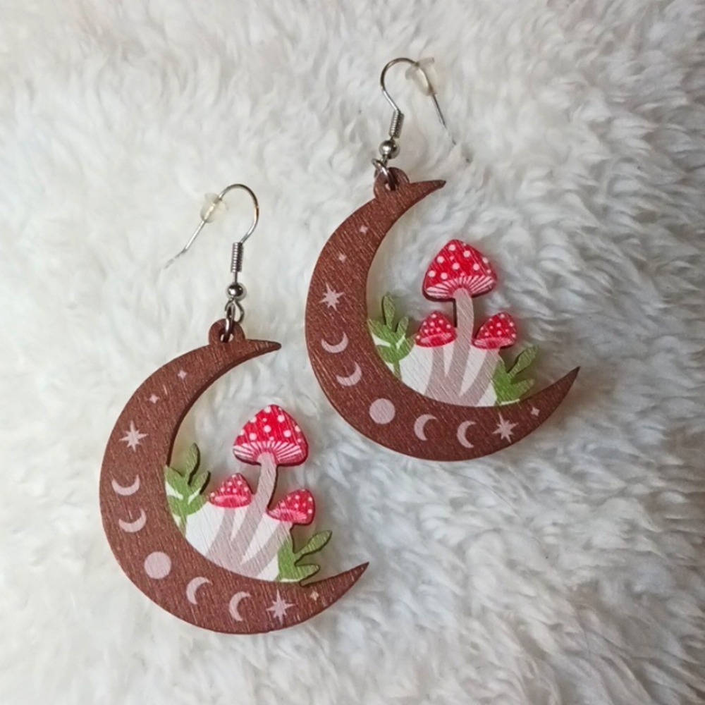 Wooden mushroom and moon earrings